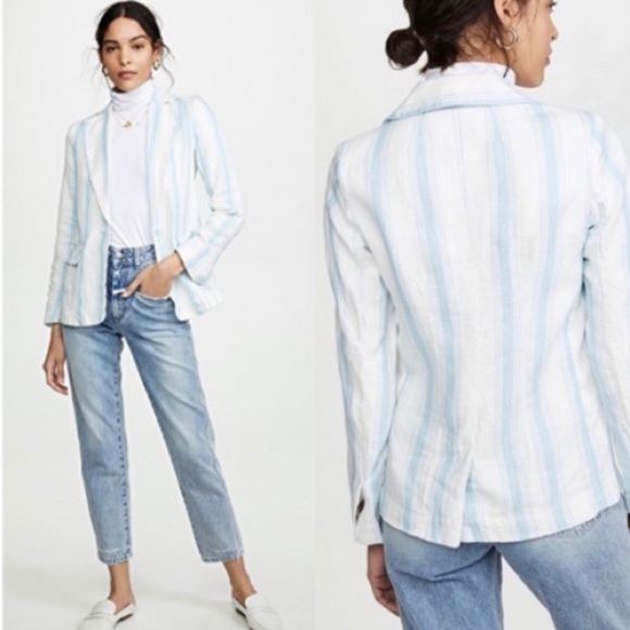 Frame Denim Jackets & Blazers - NWOT  FRAME Blazer Classic Stripe Linen Jacket blue white New Summer sz 10